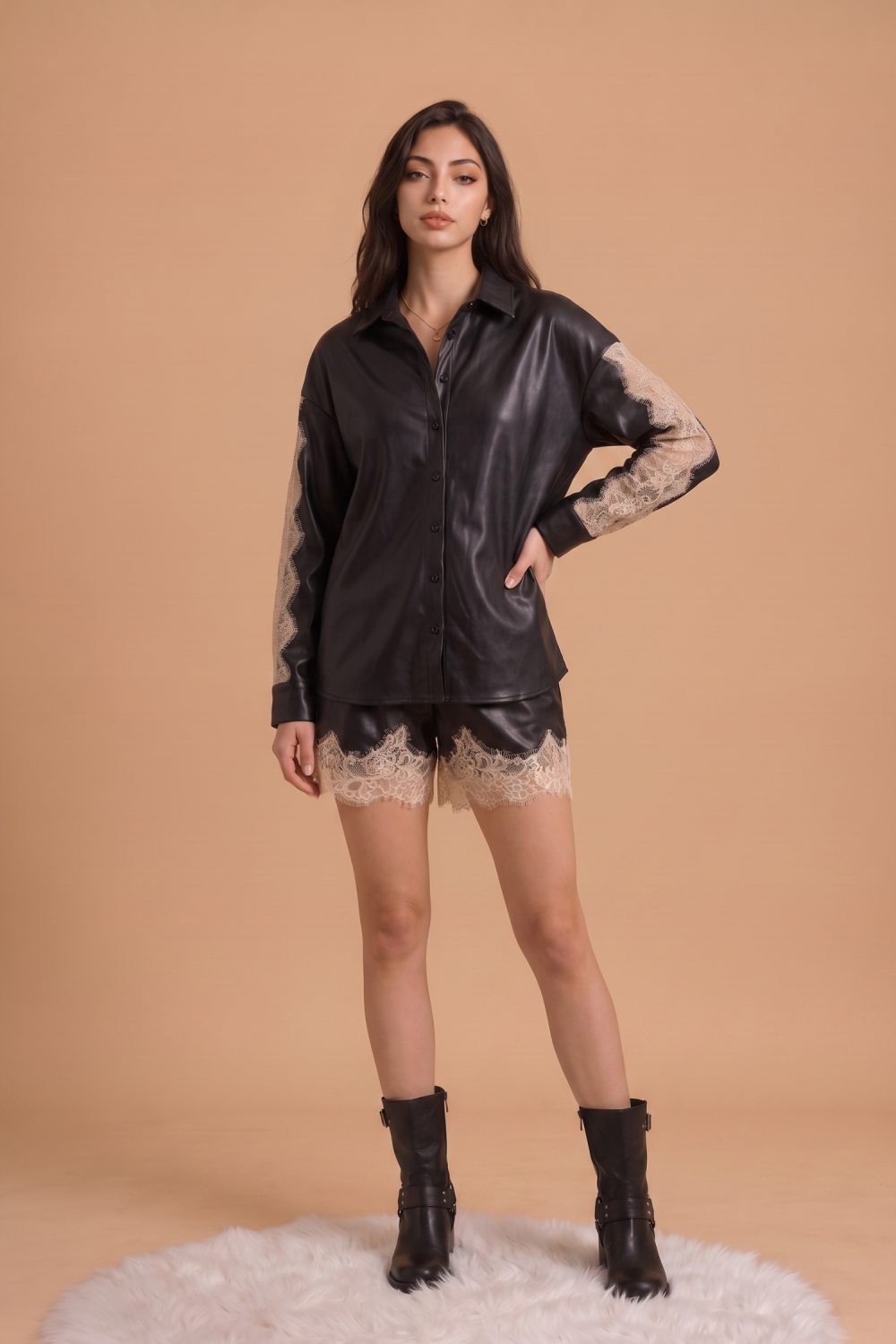 Lace Trim Leather Button Down Shirt Black