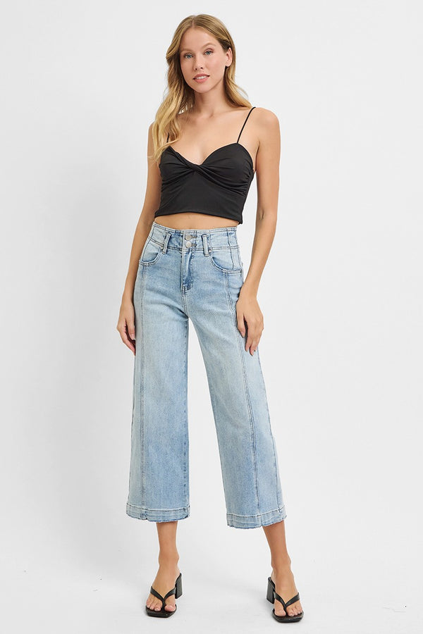 High Rise Crop Wide Leg Front Seam Detail Jeans Light