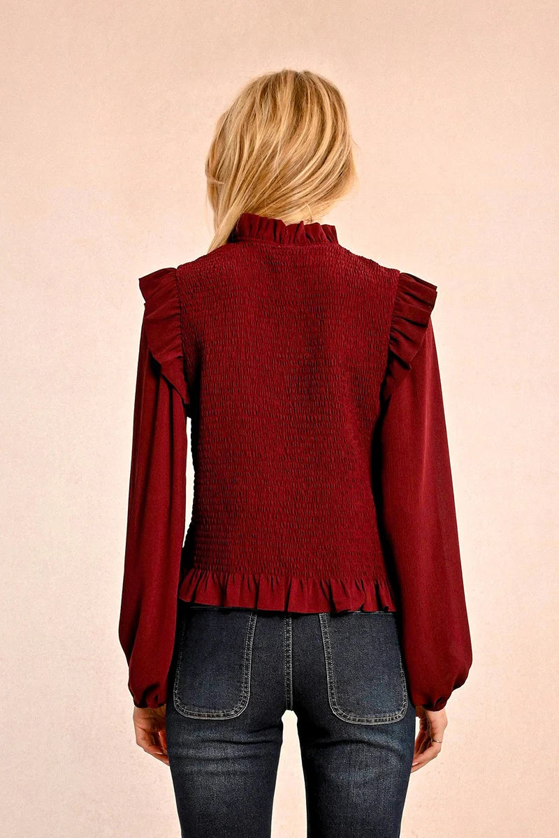 Smocked Bodice Ruffle Details Blouse Dark Red