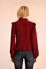 Smocked Bodice Ruffle Details Blouse Dark Red
