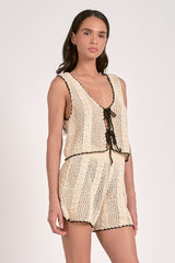 Double Tie Front Crochet Knit Tank Vest Natural Black Border
