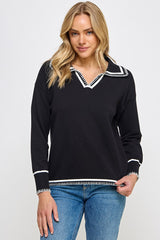 Embroidered Contrast Collared Sweater Black
