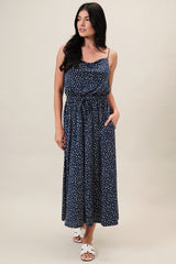 Cowl Neck Sleeveless Flare Dot Midi Dress Blue + Ivory