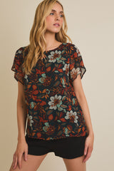 Short Ruffle Sleeve Floral Print Top Dark Green Multi