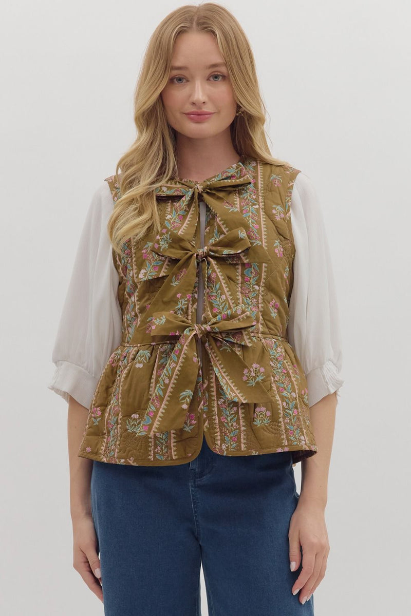 Floral Triple Bow Quilted Peplum Vest Brown