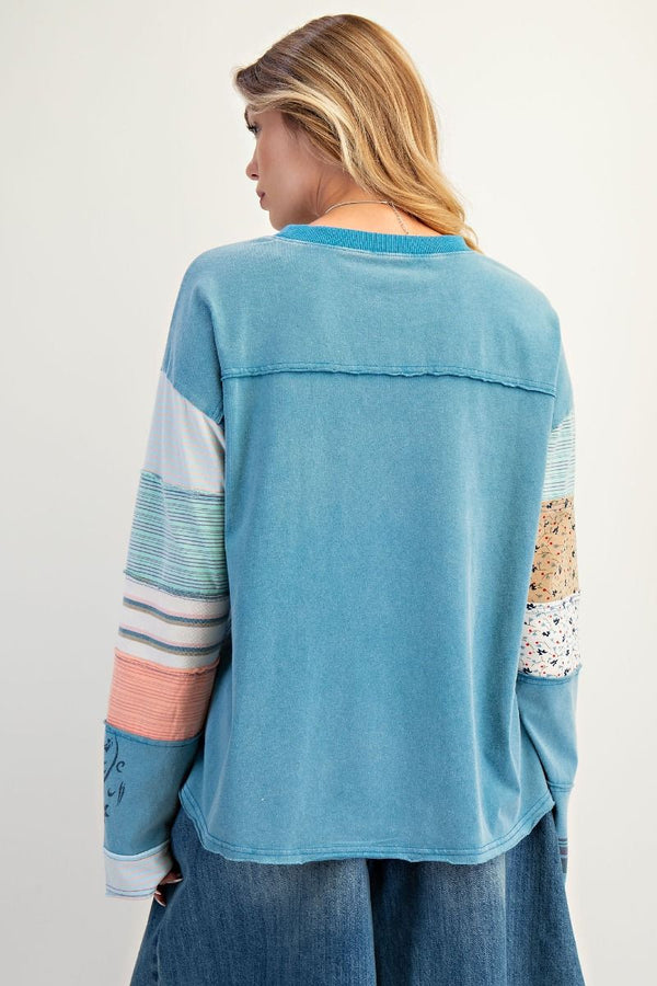 Stripe Mix Terry Soft Washed Pullover Faded Teal