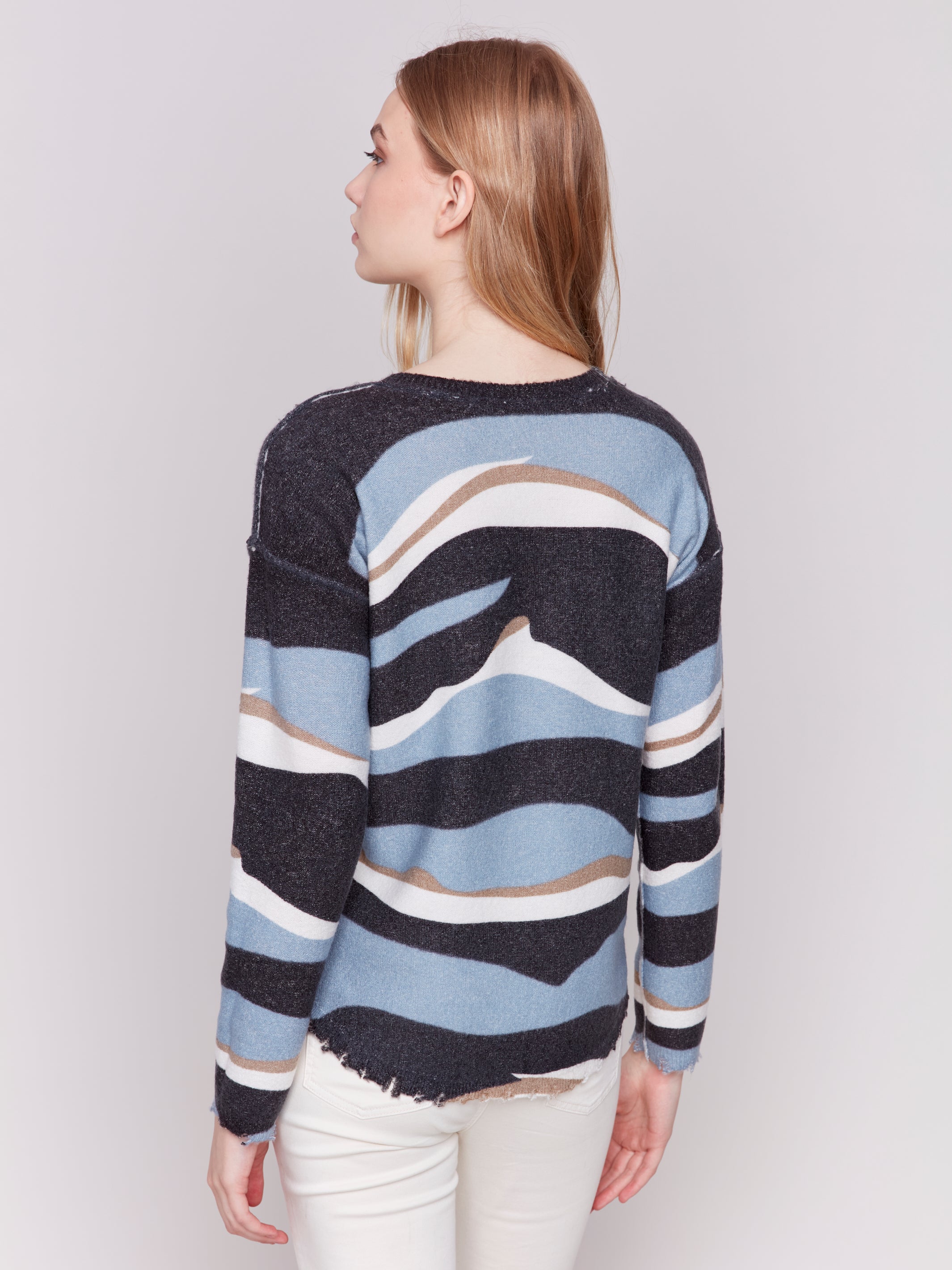 Wavy Print Reversible Dist. Hem Plush Sweater Denim