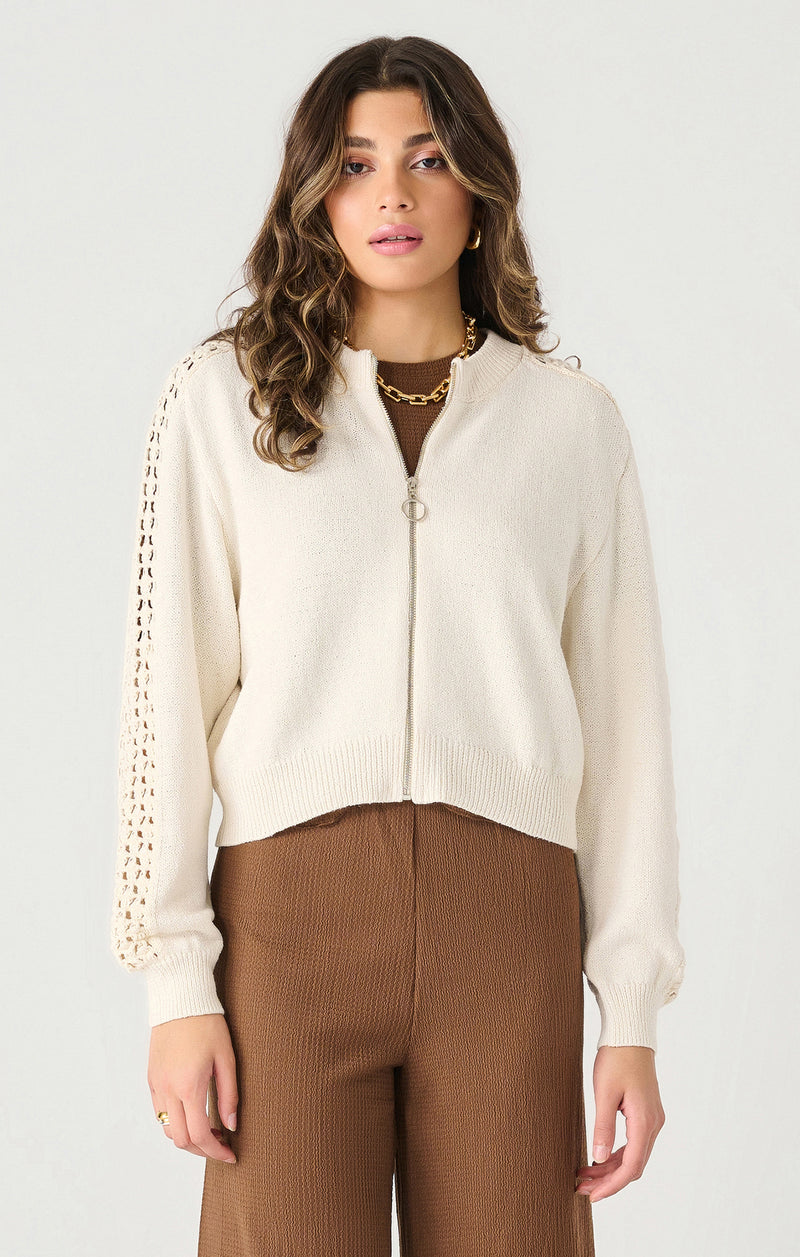 Crochet Sleeve Sweater Bomber Ivory