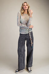 Patchwork Sheer Floral Mesh Top Sage