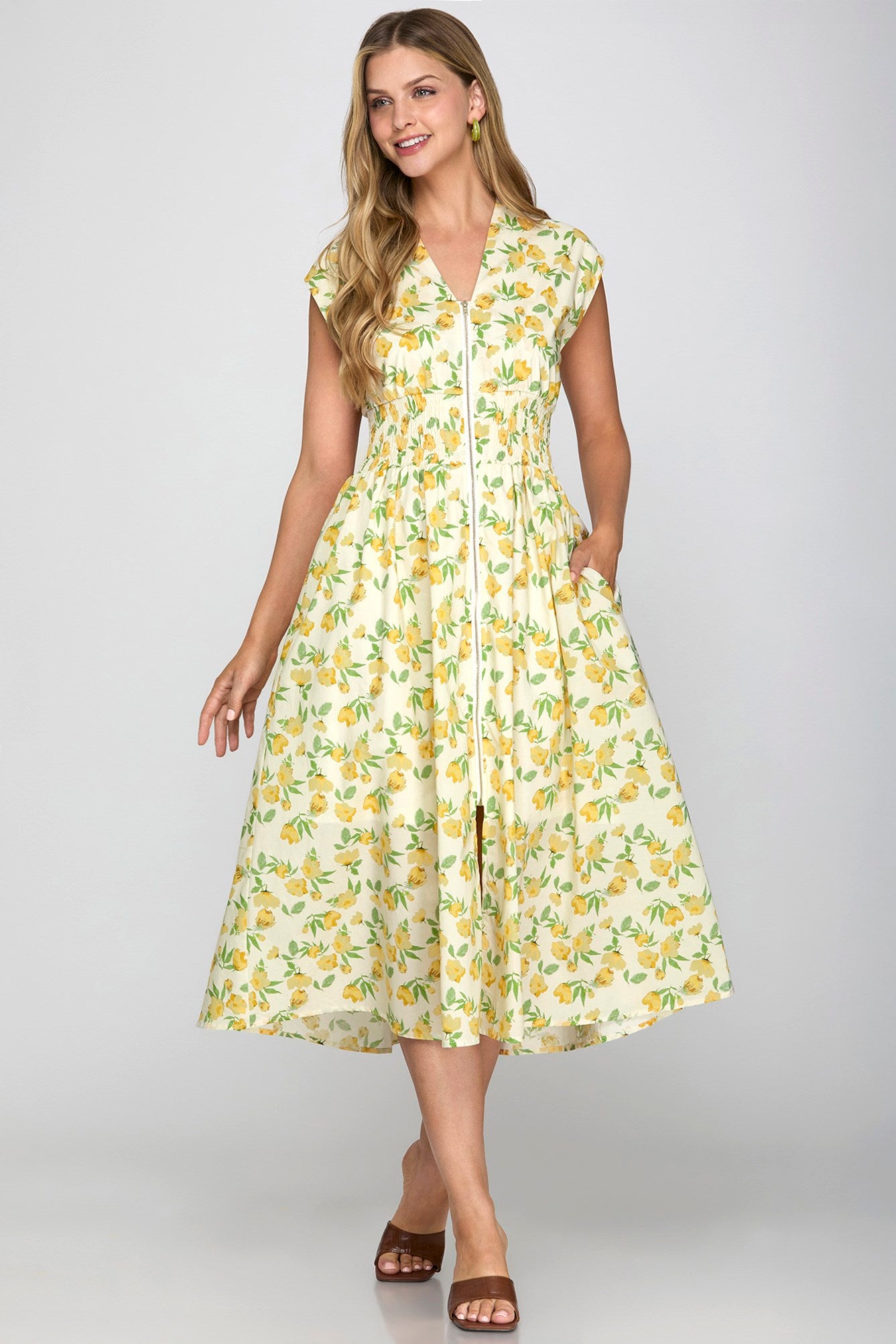 Wild Rose Print Smock Detail Zip Midi Dress Yellow