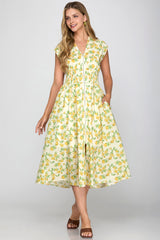 Wild Rose Print Smock Detail Zip Midi Dress Yellow