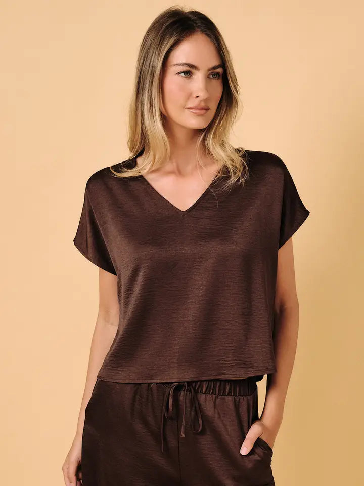 Vneck Dolman Short Sleeve Crinkle Satin Top Brown