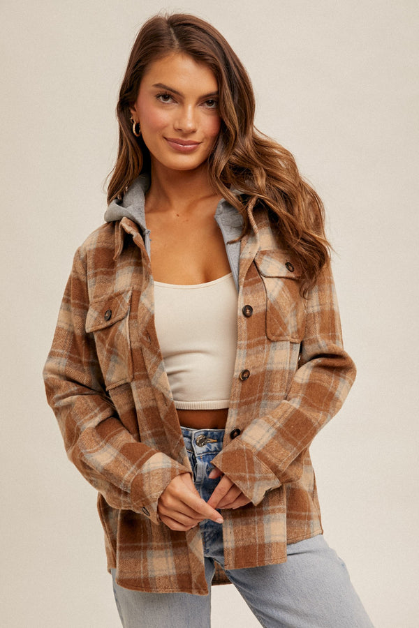 Hooded Button Down Plaid Shirt Brown