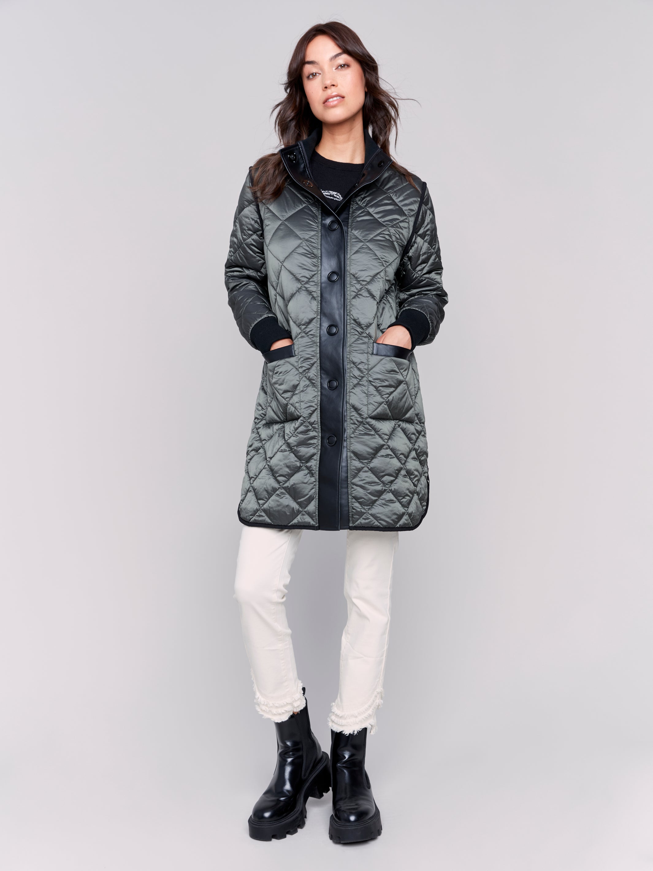 Leather Trim Reversible Quilted Puffer Jacket Black