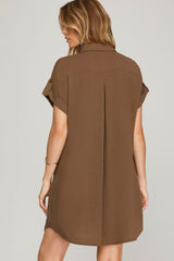 Drop Shoulder Button Up Woven Shirt Dress Ash Brown