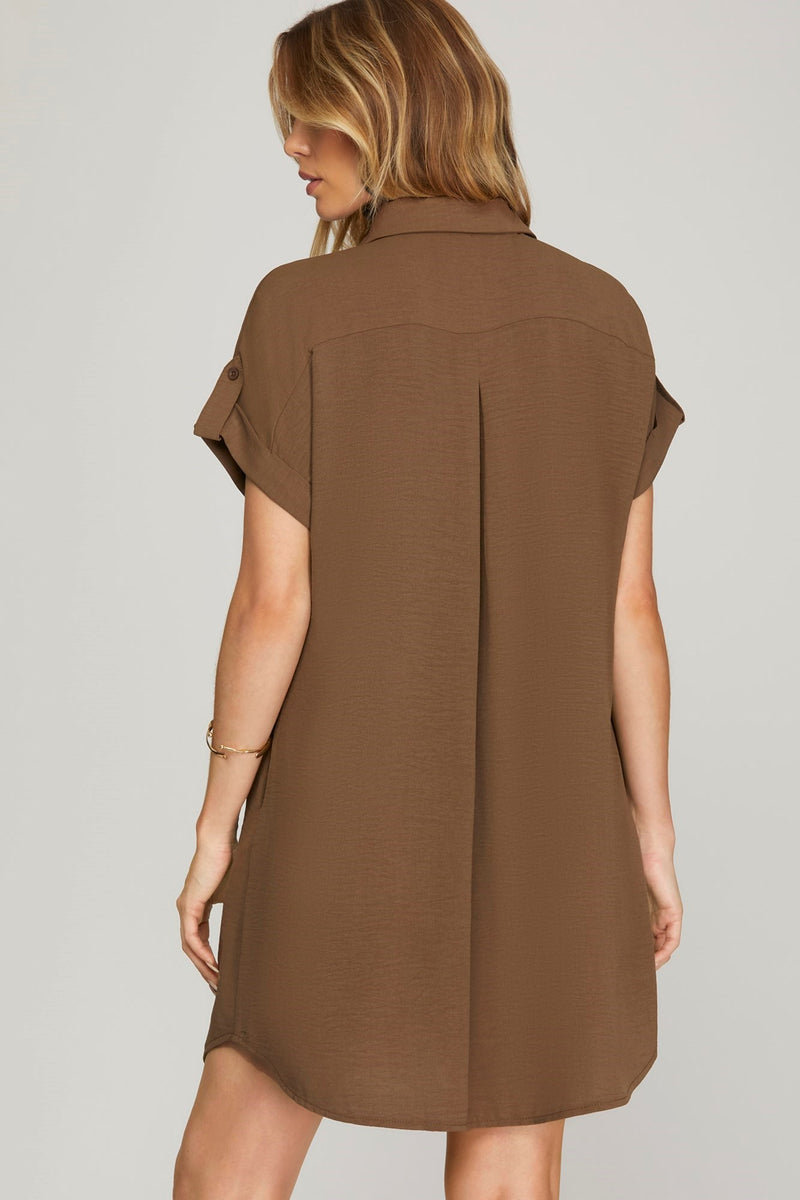 Drop Shoulder Button Up Woven Shirt Dress Ash Brown