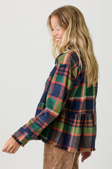 Peplum Fringe Plaid Jacket Navy Mix