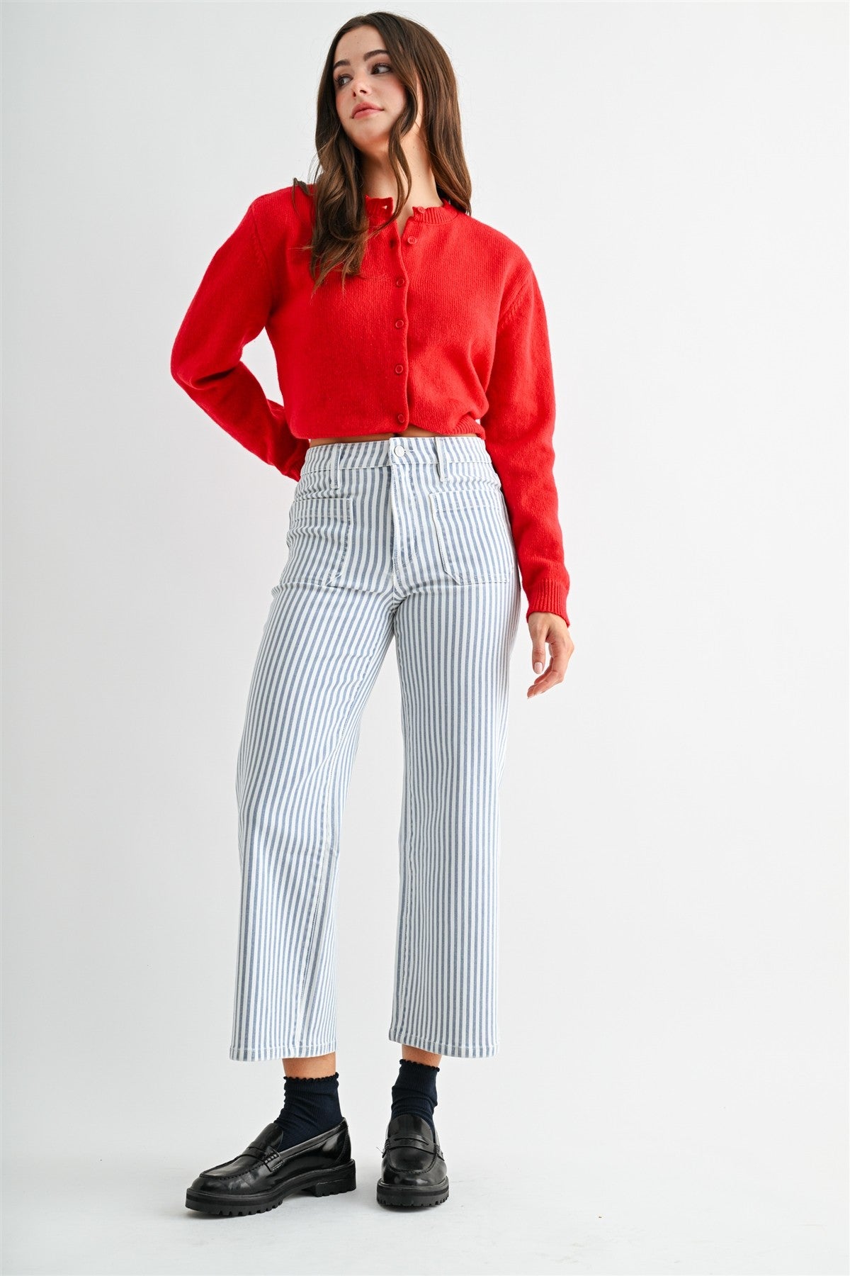 High Rise Wide Leg Cropped Stripe Pants Curious Blue