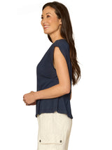Embroidered Detail Pleated Peplum Top Navy