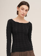 Floral Pointelle Lettuce Edge Long Sleeve Top Black