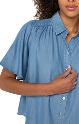 Half Sleeve Button Front Shirred Woven Blouse Delwood