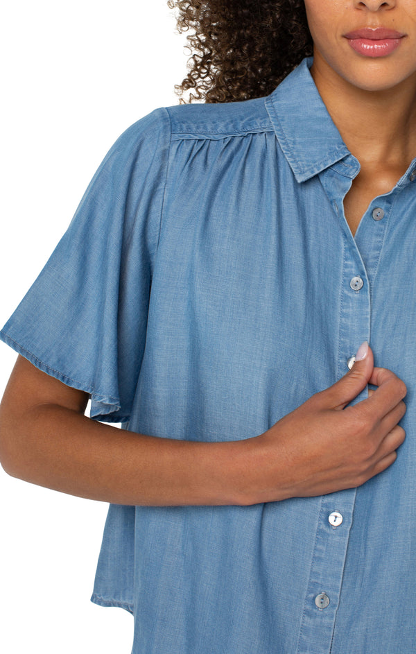 Half Sleeve Button Front Shirred Woven Blouse Delwood
