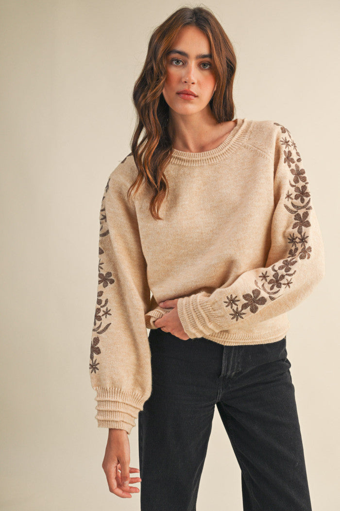 Embroidered Floral Sleeve Sweater Oatmeal Brown
