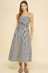 Striped Ruched Detail Midi Dress Cream + Navy