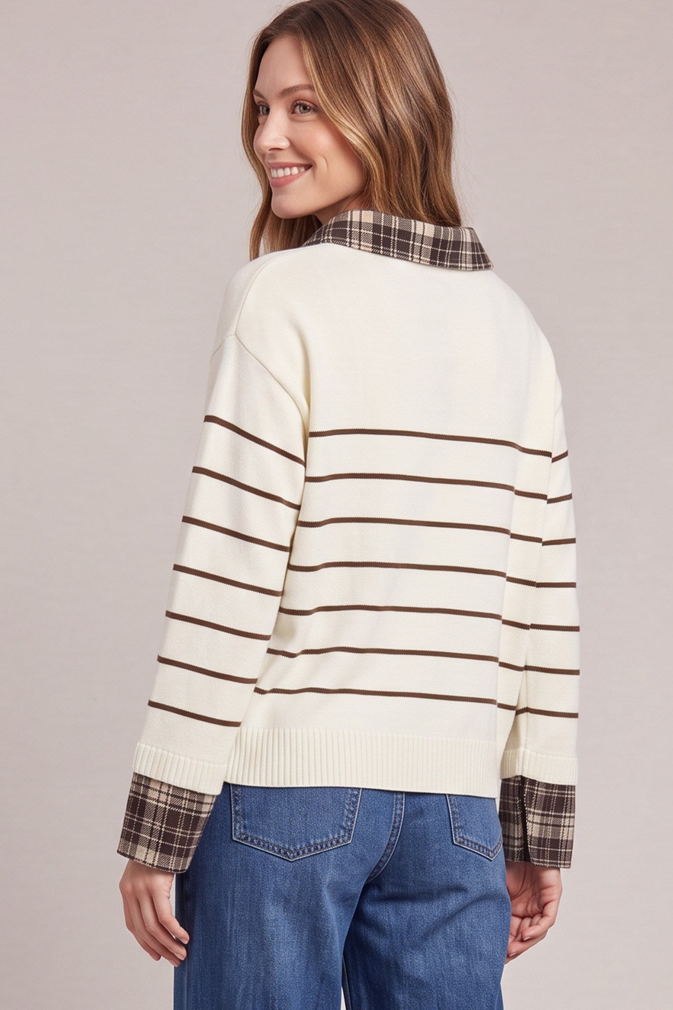 Plaid Collared Stripe Sweater Top Brown Stripe