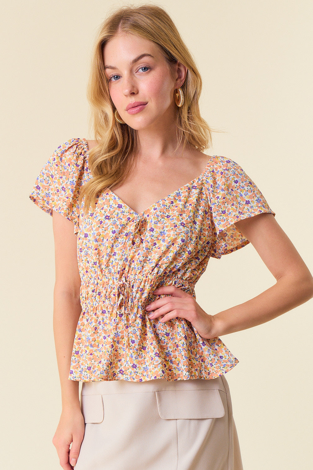 Ditsy Floral Vneck Flutter Short Sleeve Peplum Top Apricot