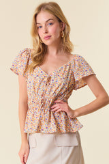 Ditsy Floral Vneck Flutter Short Sleeve Peplum Top Apricot
