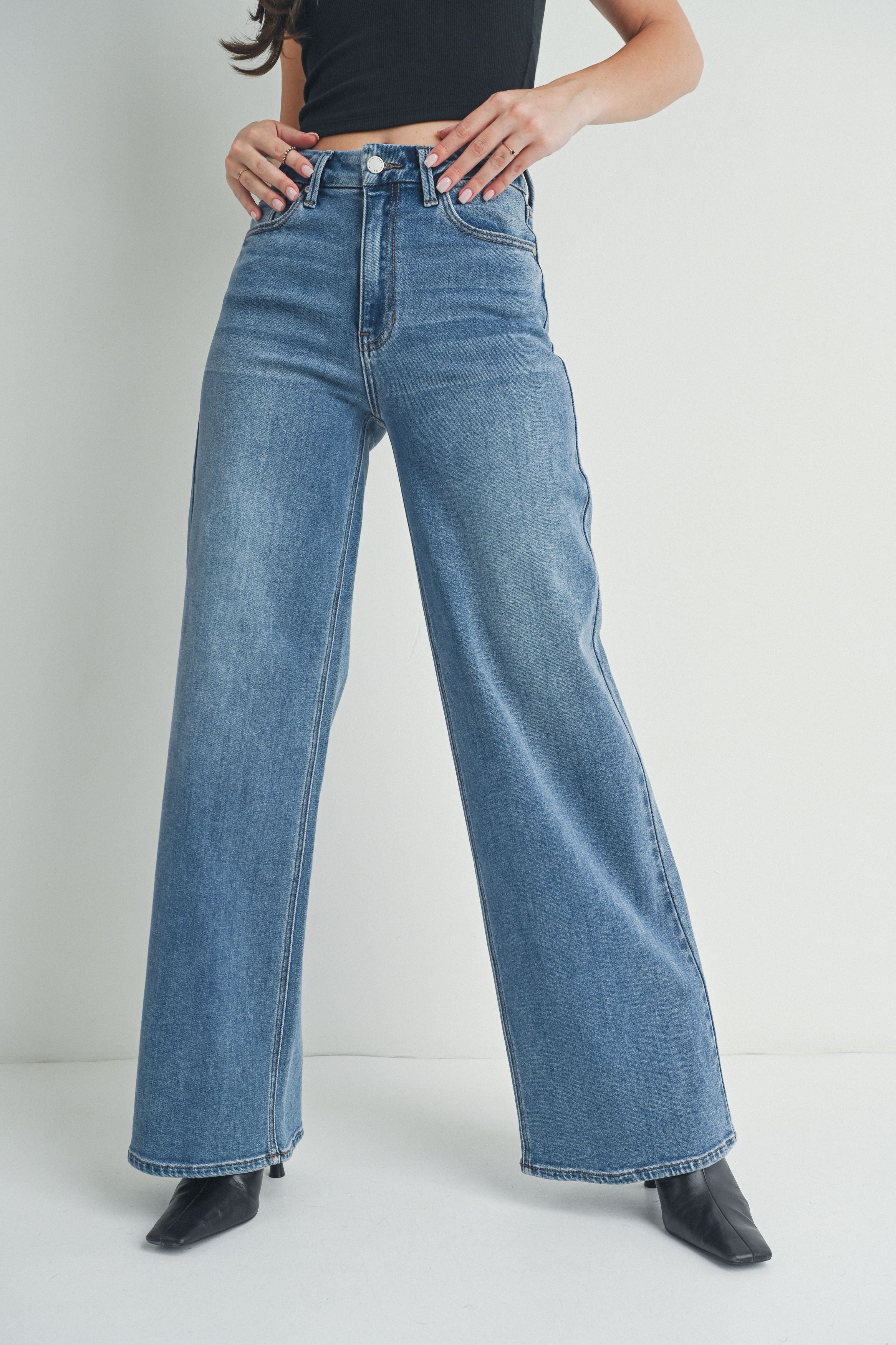 High Rise Palazzo Wide Leg Jeans Medium Denim