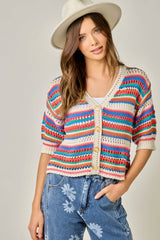 Multi Stripe Crochet Summer Cardi Royal, Hot Pink + Jade