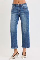High Rise Straight Crop Seam Detail Jeans Dark