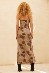Floral Print Satin Deep V Neck Maxi Dress Olive