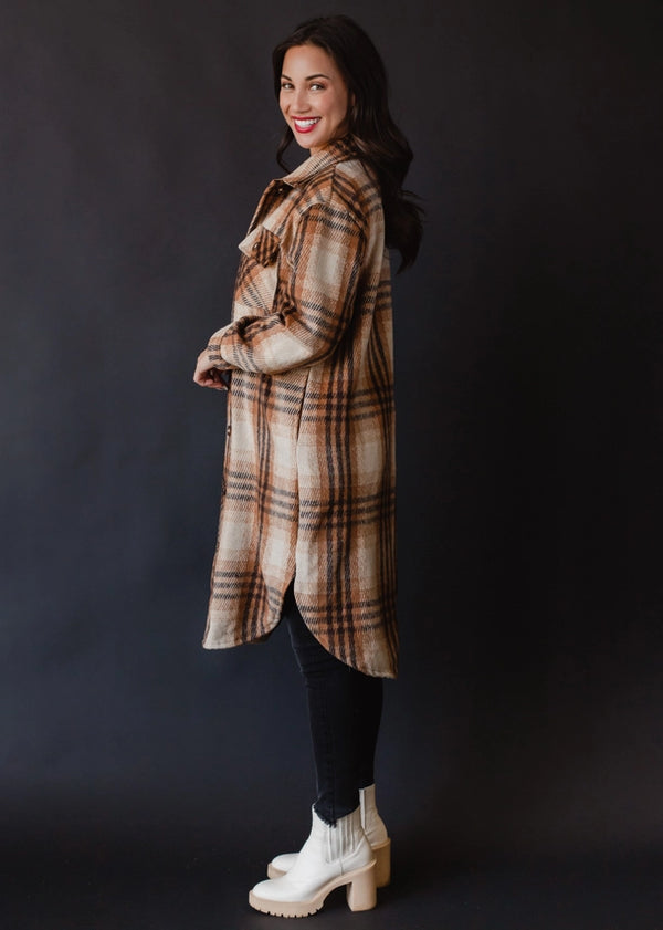 Long Flannel Plaid Jacket Brown, Tan + Rust