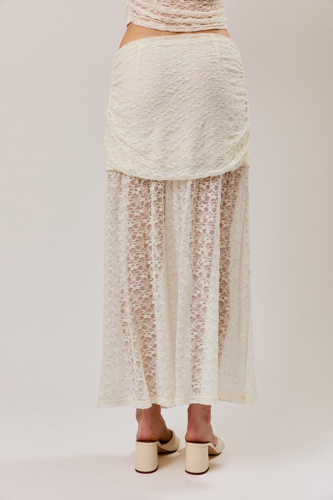 Ruched Asymmetrical Drop Waist Lace Midi Skirt Cream