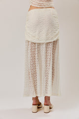 Ruched Asymmetrical Drop Waist Lace Midi Skirt Cream
