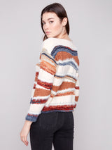 Patched Wave Mix Media Open Knit Sweater Sepia