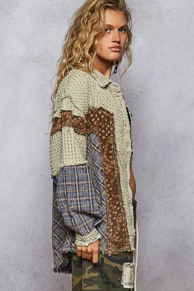 Textured Twill Plaid & Floral Jacket Oatmeal