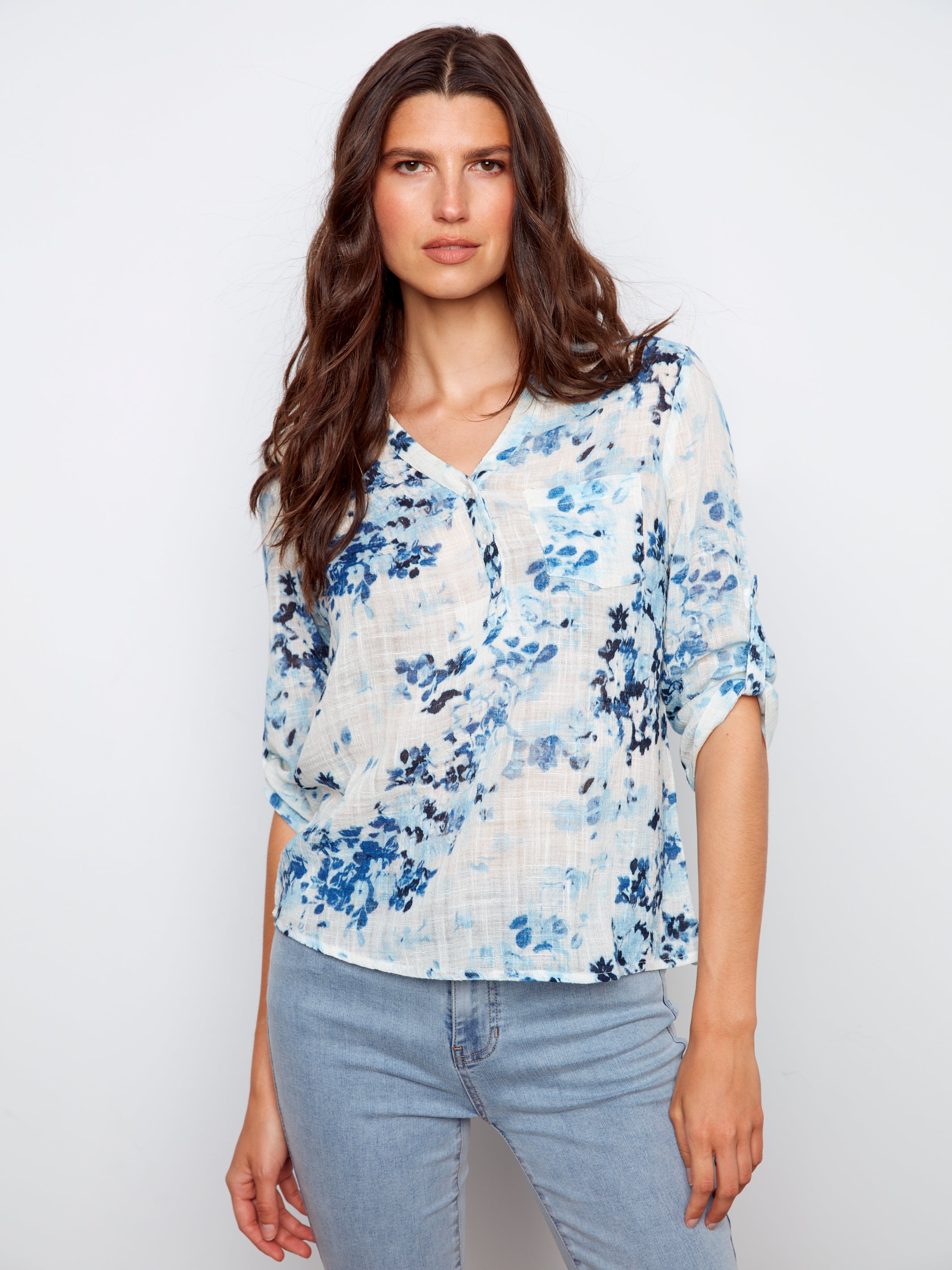 Printed Half Button Cotton Gauze Blouse Meadow