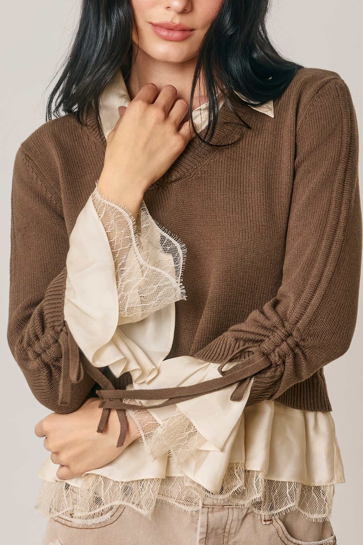 Satin Lace Shirt Tie Sleeve Sweater Brown + Champagne