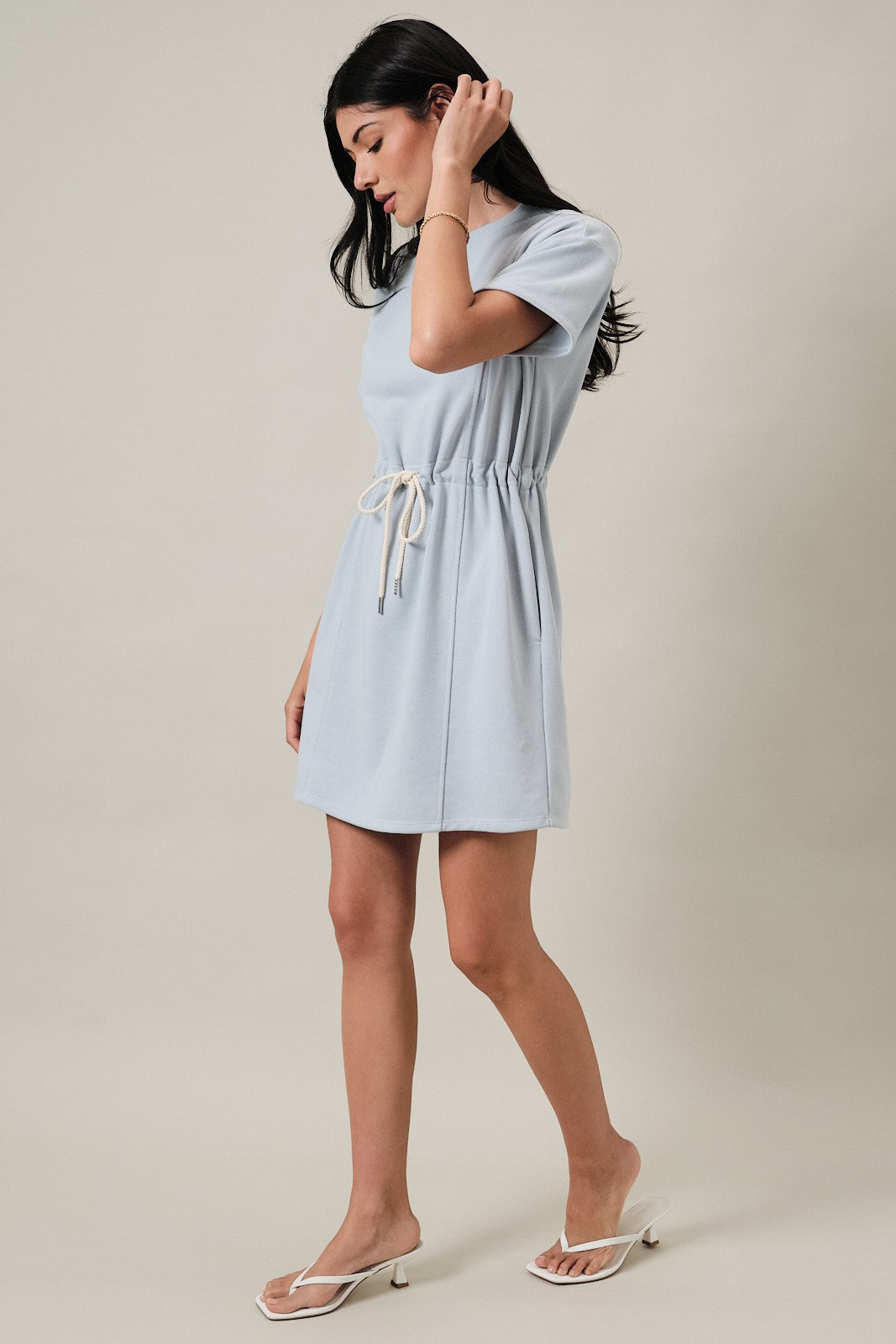 Round Neck Short Sleeve Waist Tie Mini Dress Sky Blue