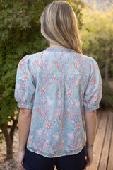 Embroidered Floral Print Detail Button Down Puff Sleeve Top Blue