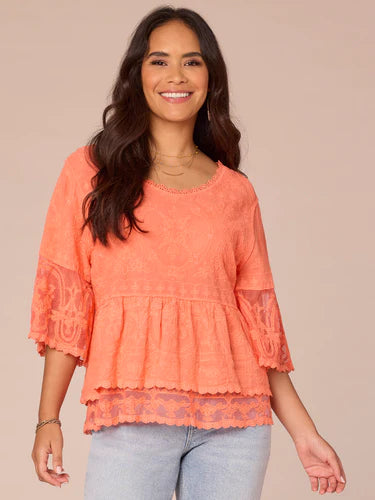 3/4 Bell Sleeve Double Flounce Peplum Emb. Top Nectarine