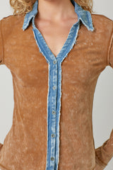 Washed Rib Thermal Denim Collar Button Down Shirt Washed Camel
