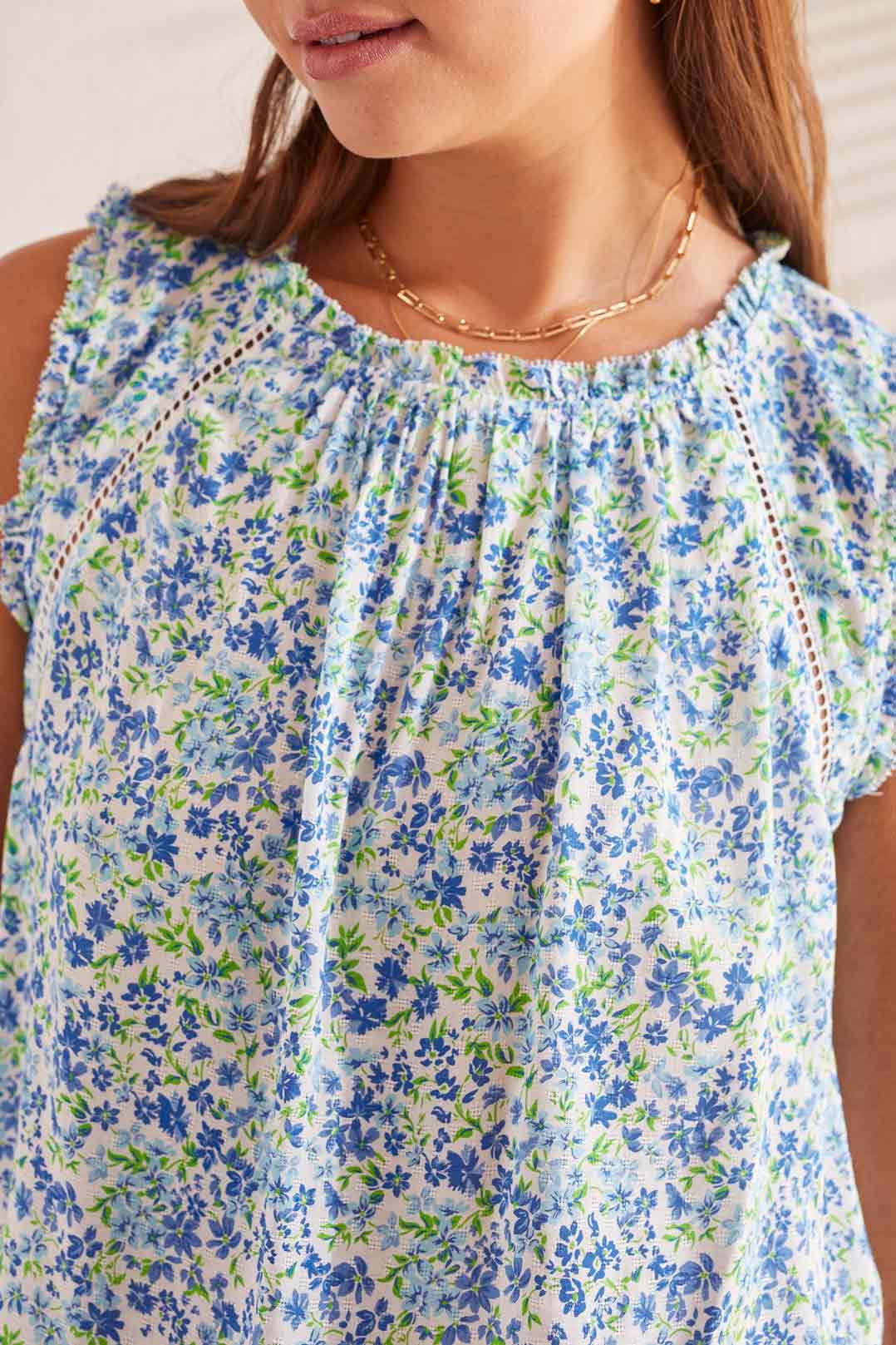 Trim Detail Crochet Ladder Floral Tank Azure Blue