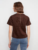 Back Zipper Suede Short Sleeve Top Coffee