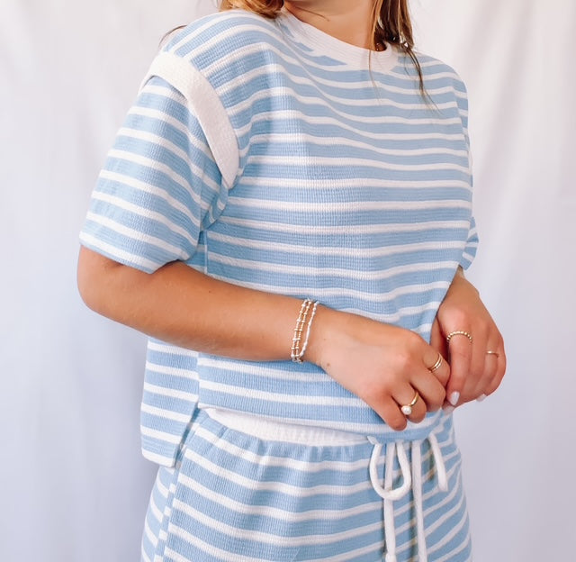 Cloudy Knit Stripe Half Sleeve Top Ocean