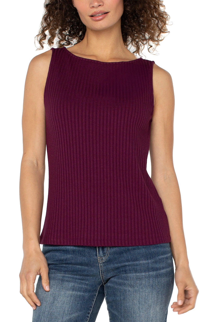 Sleeveless Boat Neck Rib Knit Top Wine Berry